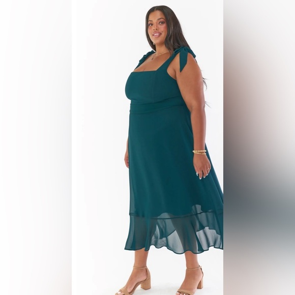SHOW ME YOUR MUMU Claire Elegant Emerald Chiffon Midi Dress Bridesmaid NWT - Picture 4 of 12